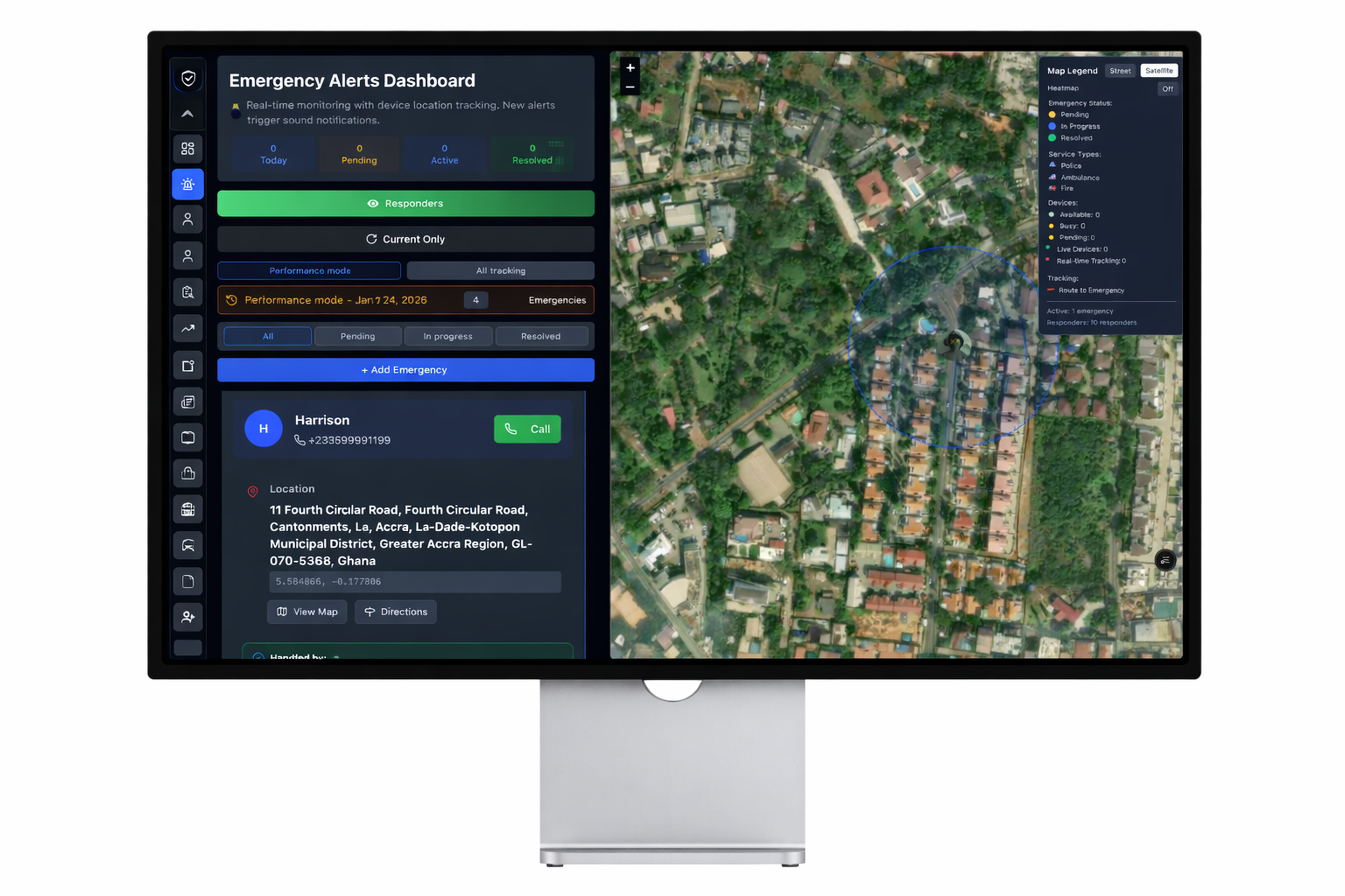 Location tracking map in SERCS app for emergency management